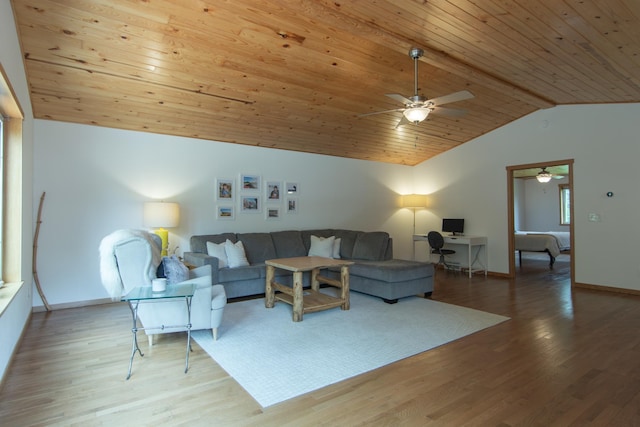 8290 Gladstone Lake Rd, Brainerd, MN 56401 - living room featuring ceiling fan, vaulted ceiling, wood ceiling, and wood finished floors