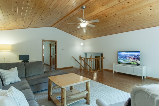 8290 Gladstone Lake Rd, Brainerd, MN 56401 - living room featuring wood finished floors, vaulted ceiling, ceiling fan, and wooden ceiling