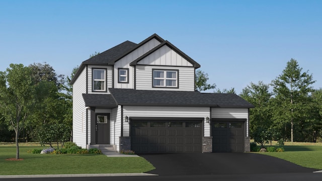 10280 187th Ave NW, Elk River, MN 55330 - view of front facade with board and batten siding, a garage, a front yard, and a shingled roof