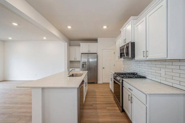 10280 187th Ave NW, Elk River, MN 55330 - kitchen featuring stainless steel appliances, white cabinets, decorative backsplash, light countertops, and recessed lighting