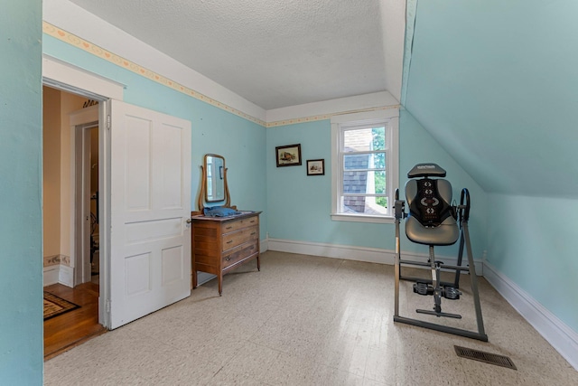 11826 State Road 48, Frederic, WI 54837 - exercise room featuring lofted ceiling and a textured ceiling