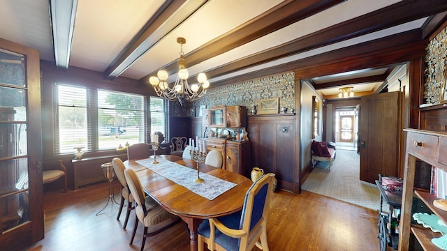 315 Fountain St, Albert Lea, MN 56007 - dining room featuring wood finished floors, a chandelier, and beamed ceiling