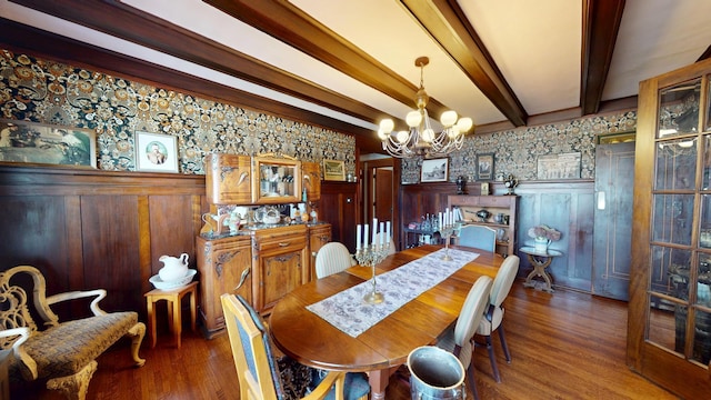 315 Fountain St, Albert Lea, MN 56007 - dining space with a chandelier, beam ceiling, wainscoting, wood finished floors, and wood walls