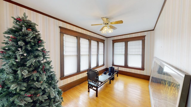 315 Fountain St, Albert Lea, MN 56007 - sitting room with ornamental molding, wallpapered walls, light wood-style floors, and ceiling fan