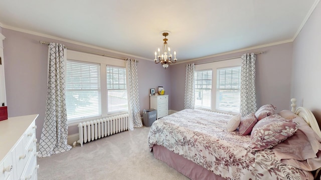 315 Fountain St, Albert Lea, MN 56007 - bedroom with radiator, ornamental molding, a chandelier, and light colored carpet
