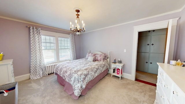315 Fountain St, Albert Lea, MN 56007 - bedroom with light carpet, a chandelier, crown molding, and radiator