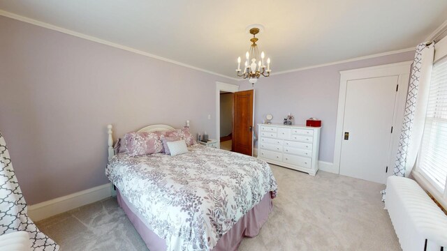 315 Fountain St, Albert Lea, MN 56007 - bedroom with radiator, a chandelier, light carpet, and ornamental molding