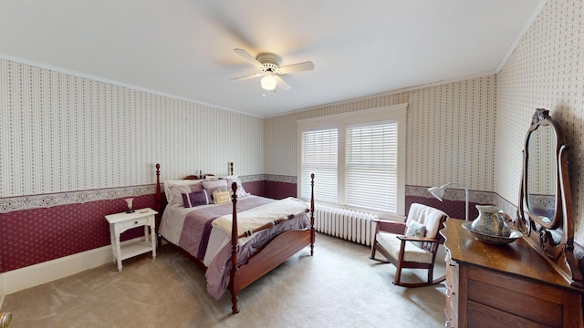 315 Fountain St, Albert Lea, MN 56007 - bedroom featuring crown molding, wallpapered walls, light colored carpet, a ceiling fan, and radiator