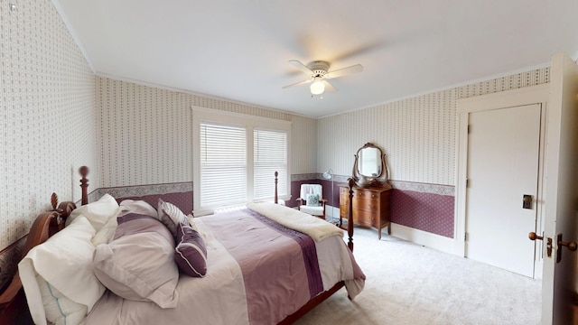 315 Fountain St, Albert Lea, MN 56007 - bedroom with wallpapered walls, ornamental molding, carpet floors, and ceiling fan