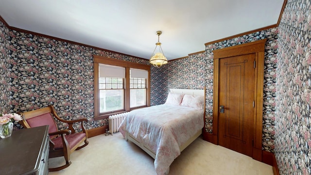 315 Fountain St, Albert Lea, MN 56007 - carpeted bedroom featuring radiator, wallpapered walls, and ornamental molding
