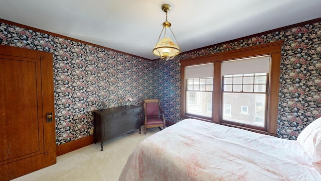 315 Fountain St, Albert Lea, MN 56007 - bedroom featuring wallpapered walls, light colored carpet, and ornamental molding