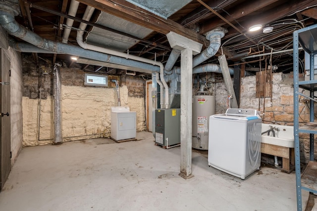 616 5th St, Mankato, MN 56001 - below grade area featuring water heater, washer and clothes dryer, and heating unit