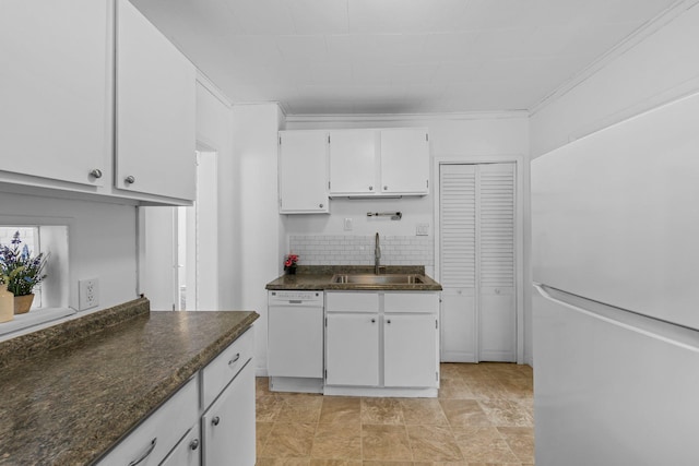 1175 Seminary Ave, Saint Paul, MN 55104 - kitchen with white appliances, white cabinets, crown molding, and decorative backsplash