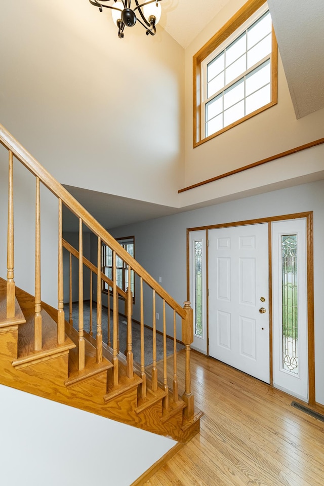 2319 Viola View Ln NE, Rochester, MN 55906 - foyer with plenty of natural light, stairs, a chandelier, wood finished floors, and a towering ceiling