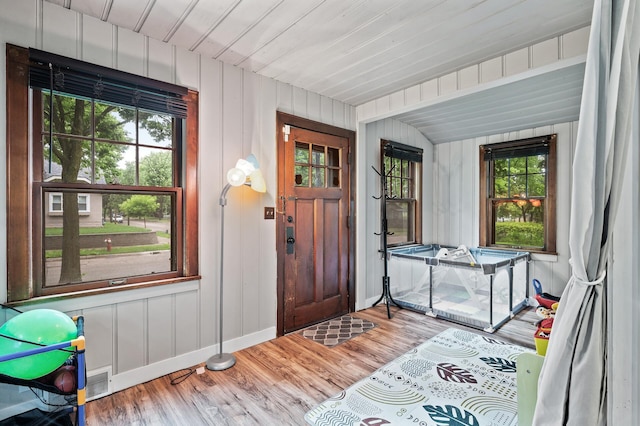 3256 Sheridan Ave N, Minneapolis, MN 55412 - foyer entrance featuring wood finished floors and wooden ceiling