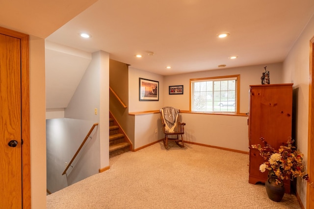 704 Main St, Madelia, MN 56062 - living area featuring carpet flooring, recessed lighting, and stairs