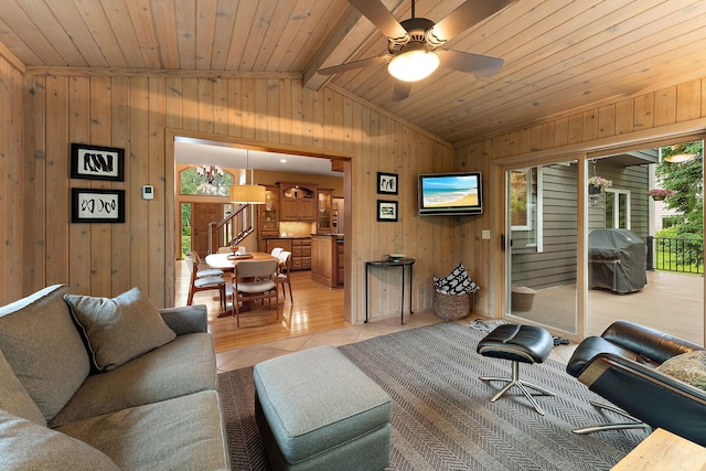 11582 Raspberry Hill Rd, Eden Prairie, MN 55344 - living room featuring wood walls, stairway, ceiling fan, and wooden ceiling