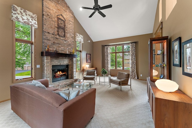 11582 Raspberry Hill Rd, Eden Prairie, MN 55344 - living room featuring high vaulted ceiling, light colored carpet, a brick fireplace, and a ceiling fan