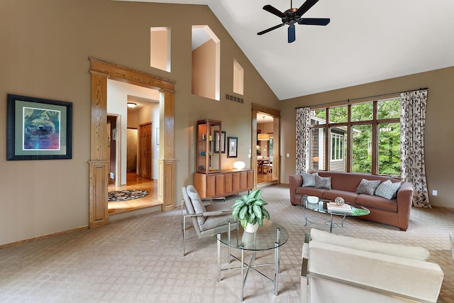 11582 Raspberry Hill Rd, Eden Prairie, MN 55344 - living room featuring high vaulted ceiling, carpet flooring, and a ceiling fan