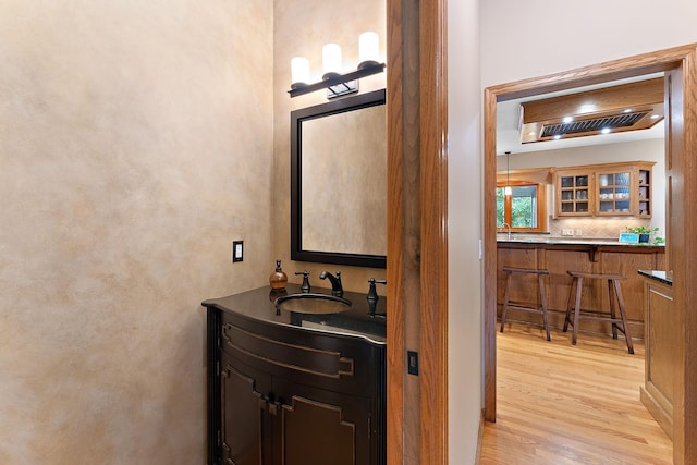 11582 Raspberry Hill Rd, Eden Prairie, MN 55344 - bathroom featuring wood finished floors, vanity, and tasteful backsplash