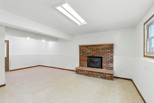 507 17 1/2 St SE, Rochester, MN 55904 - unfurnished living room with a brick fireplace and beamed ceiling