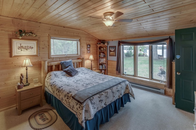 35139 County 39, Laporte, MN 56461 - bedroom featuring baseboard heating, wooden ceiling, vaulted ceiling, wood walls, and light colored carpet