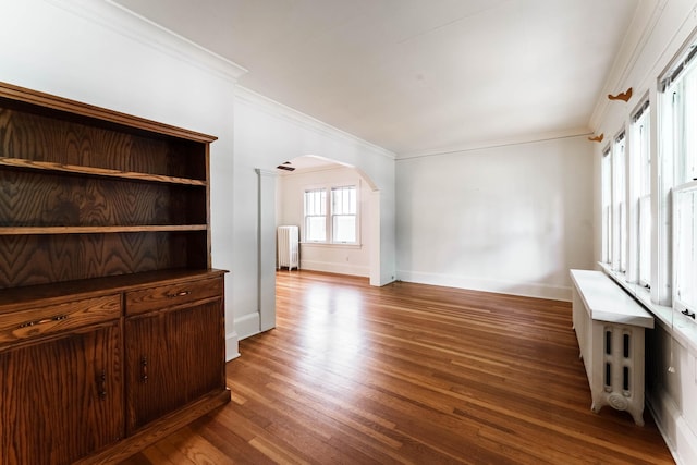 1787 Randolph Ave, Saint Paul, MN 55105 - unfurnished living room with radiator heating unit, arched walkways, wood finished floors, and ornamental molding