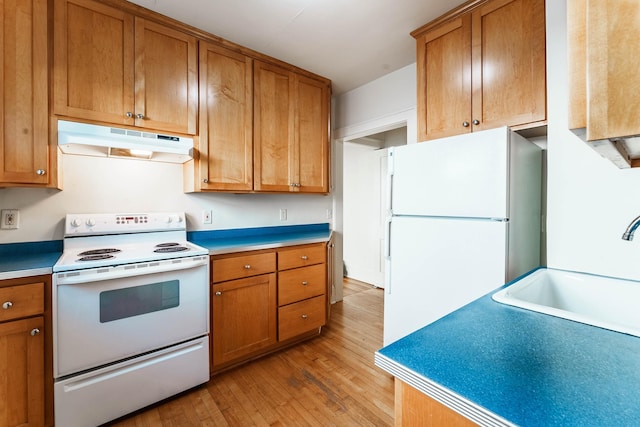 1787 Randolph Ave, Saint Paul, MN 55105 - kitchen with under cabinet range hood, white appliances, light wood-style flooring, and brown cabinetry