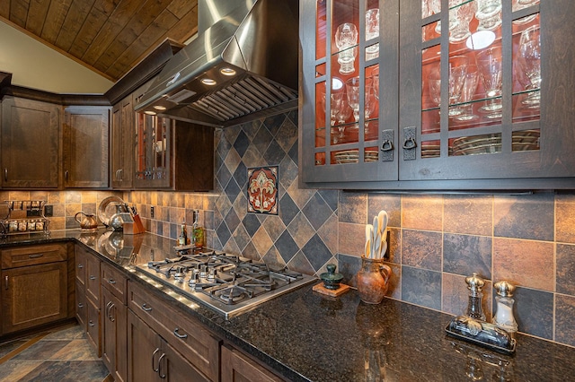 1116 Sand Lake Dr NW, Backus, MN 56435 - kitchen with range hood, stainless steel gas stovetop, decorative backsplash, dark stone counters, and wooden ceiling