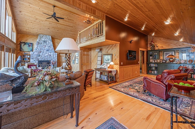 1116 Sand Lake Dr NW, Backus, MN 56435 - living area with wood ceiling, high vaulted ceiling, a stone fireplace, wood walls, and ceiling fan