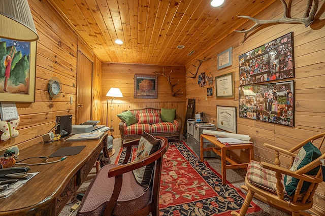 1116 Sand Lake Dr NW, Backus, MN 56435 - carpeted home office featuring wood walls, recessed lighting, and wood ceiling