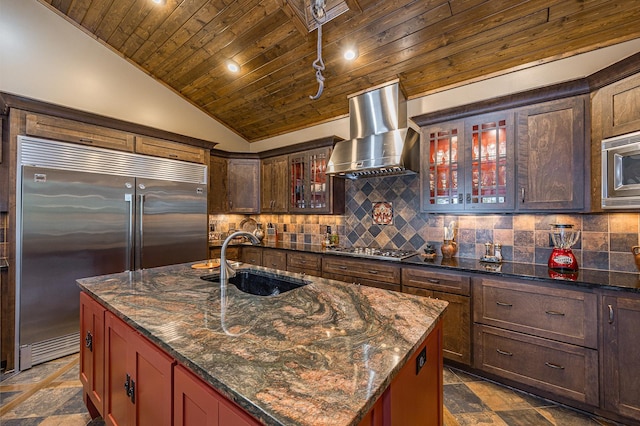 1116 Sand Lake Dr NW, Backus, MN 56435 - kitchen with built in appliances, wall chimney exhaust hood, wooden ceiling, lofted ceiling, and backsplash