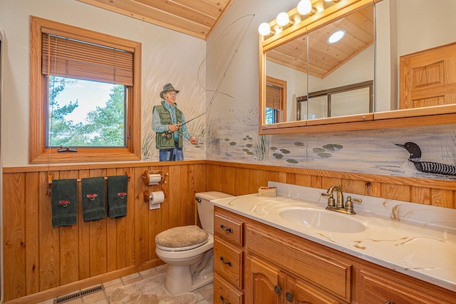 1116 Sand Lake Dr NW, Backus, MN 56435 - bathroom with lofted ceiling, wood ceiling, vanity, a wainscoted wall, and a shower