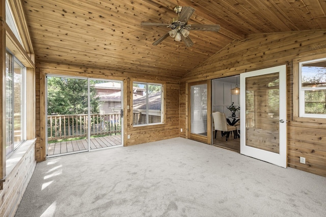 4909 98th St, Bloomington, MN 55437 - unfurnished sunroom featuring wood walls, vaulted ceiling, a ceiling fan, carpet, and wooden ceiling