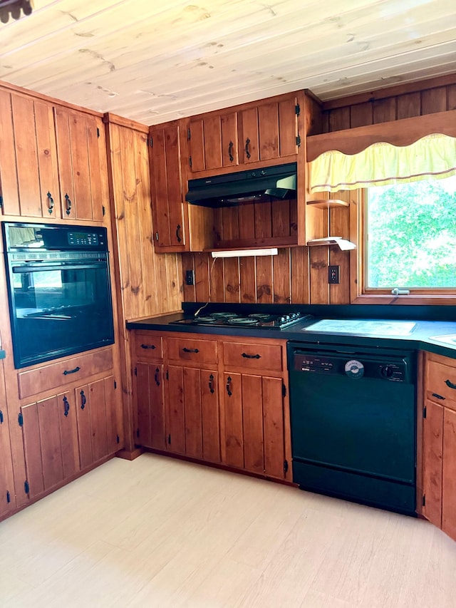 39130 Notebloom Ln, Waubun, MN 56589 - kitchen featuring black appliances, under cabinet range hood, brown cabinetry, wooden ceiling, and wood walls