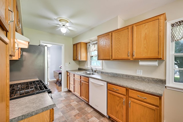 7447 Cleadis Way, Inver Grove Heights, MN 55076 - kitchen with dishwasher, freestanding refrigerator, gas stove, ceiling fan, and extractor fan