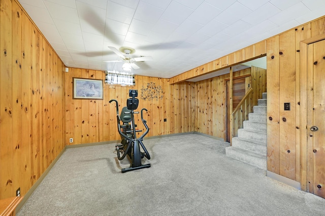 7447 Cleadis Way, Inver Grove Heights, MN 55076 - workout area with carpet floors, wood walls, and ceiling fan