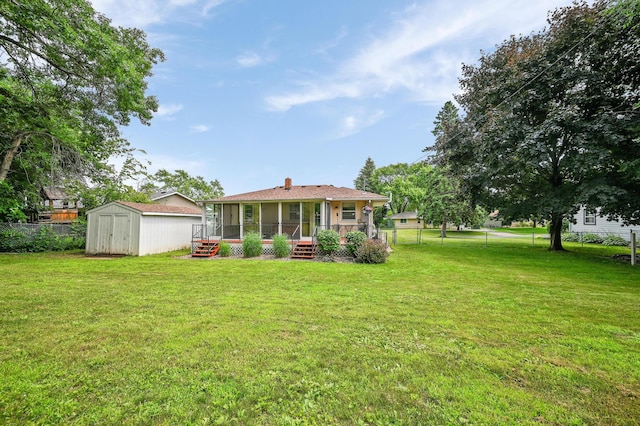 7447 Cleadis Way, Inver Grove Heights, MN 55076 - rear view of house featuring a storage shed, a fenced backyard, a sunroom, and a chimney