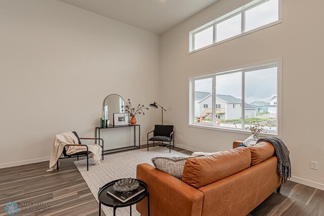 6724 32nd St S, Fargo, ND 58104 - living room featuring dark wood finished floors and a high ceiling