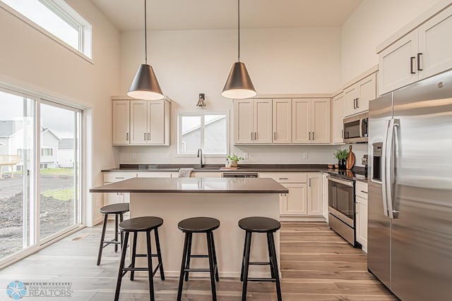 6724 32nd St S, Fargo, ND 58104 - kitchen with stainless steel appliances, a high ceiling, a breakfast bar, light wood-style floors, and dark countertops