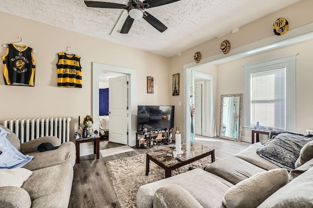 3148 Pleasant Ave, Minneapolis, MN 55408 - living room featuring radiator heating unit, ceiling fan, and wood finished floors