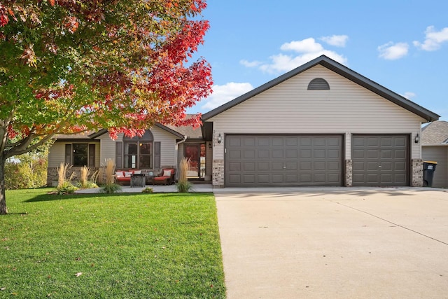 20604 Jasmine Path, Lakeville, MN 55044 - ranch-style house with a garage, driveway, a front yard, and outdoor lounge area