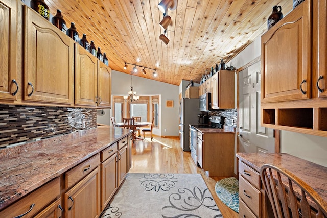 20604 Jasmine Path, Lakeville, MN 55044 - kitchen featuring wood ceiling, vaulted ceiling, rail lighting, stainless steel appliances, and light wood-style flooring