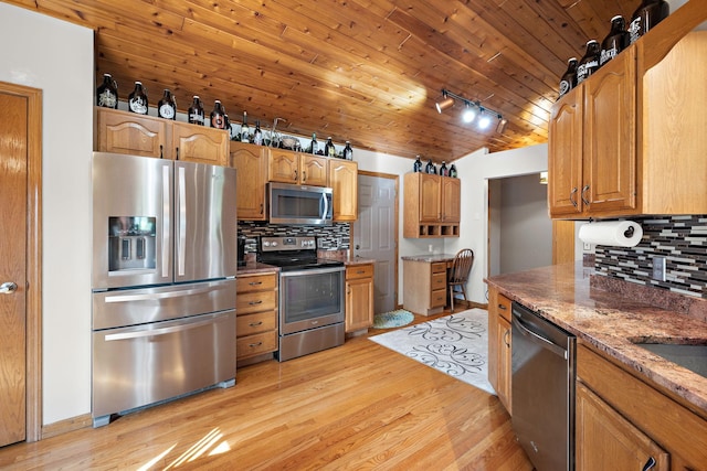20604 Jasmine Path, Lakeville, MN 55044 - kitchen featuring appliances with stainless steel finishes, decorative backsplash, light wood-style flooring, light stone countertops, and wooden ceiling