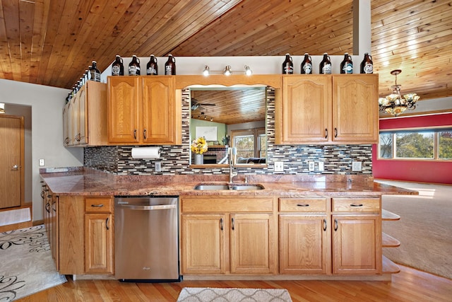 20604 Jasmine Path, Lakeville, MN 55044 - kitchen featuring stainless steel dishwasher, wood ceiling, vaulted ceiling, healthy amount of natural light, and decorative backsplash