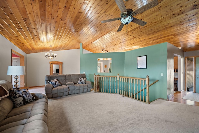 20604 Jasmine Path, Lakeville, MN 55044 - carpeted living area with vaulted ceiling, wooden ceiling, a chandelier, and ceiling fan