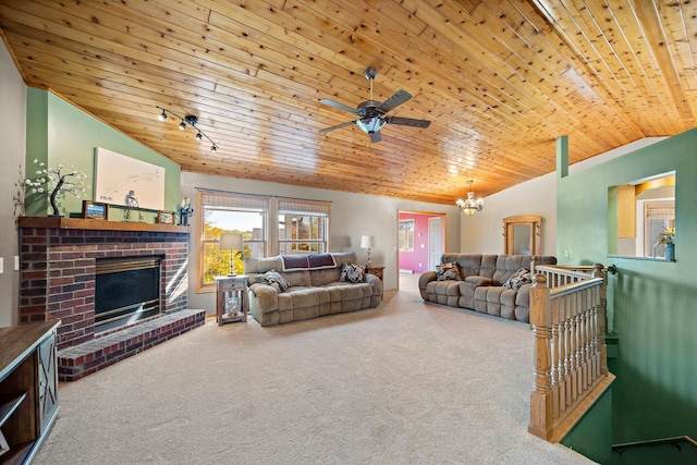 20604 Jasmine Path, Lakeville, MN 55044 - living area with lofted ceiling, wood ceiling, carpet floors, a brick fireplace, and ceiling fan