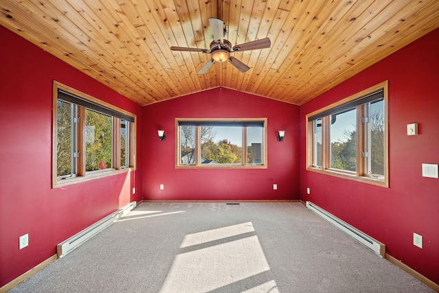 20604 Jasmine Path, Lakeville, MN 55044 - empty room with a baseboard radiator, plenty of natural light, ceiling fan, wooden ceiling, and vaulted ceiling