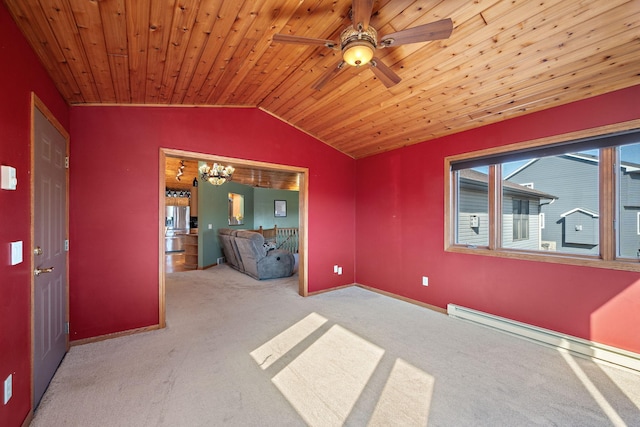 20604 Jasmine Path, Lakeville, MN 55044 - carpeted empty room with vaulted ceiling, ceiling fan, a chandelier, baseboard heating, and wood ceiling