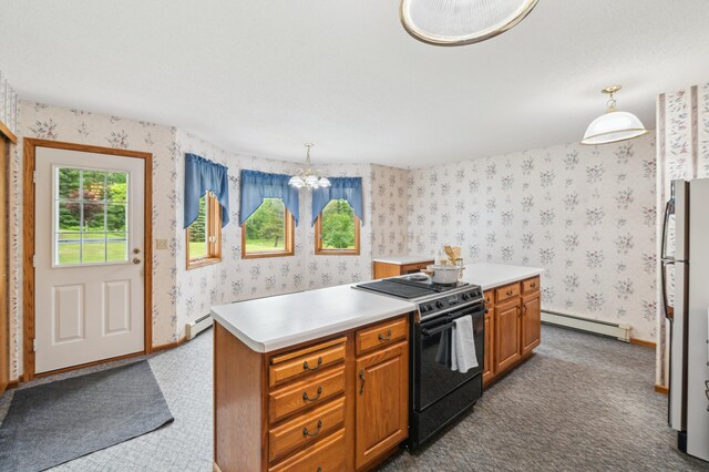 5948 Lavaque Rd, Fredenberg Twp, MN 55803 - kitchen featuring black range with electric cooktop, a baseboard heating unit, wallpapered walls, dark colored carpet, and a chandelier